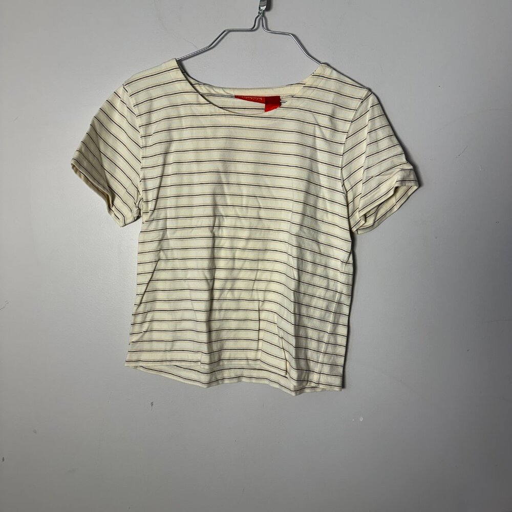 EUC Liz Claiborne Liz & Co Petite Womens Short Sleeve Shirt Small Striped Cream